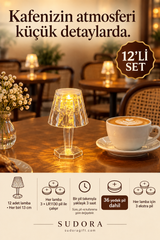 Sudora 12’li Mini LED Masa Lambası Seti 13 cm Pilli Kafe Restoran Dekoru + Yedek Pilli