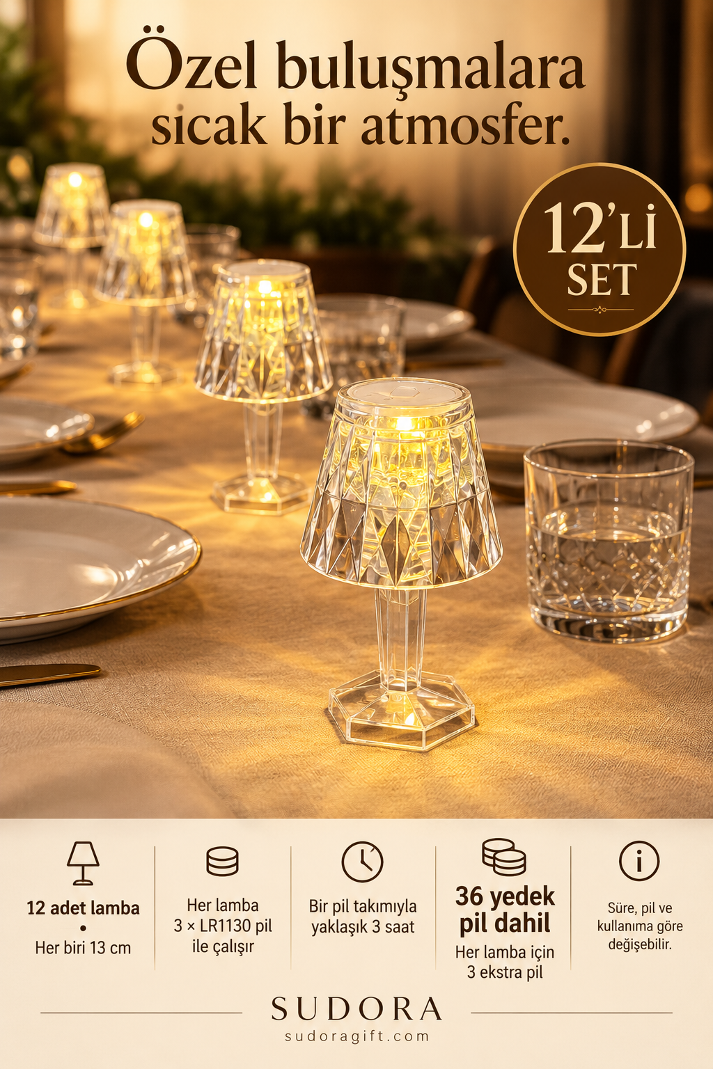 Sudora 12’li Mini LED Masa Lambası Seti 13 cm Pilli Kafe Restoran Dekoru + Yedek Pilli