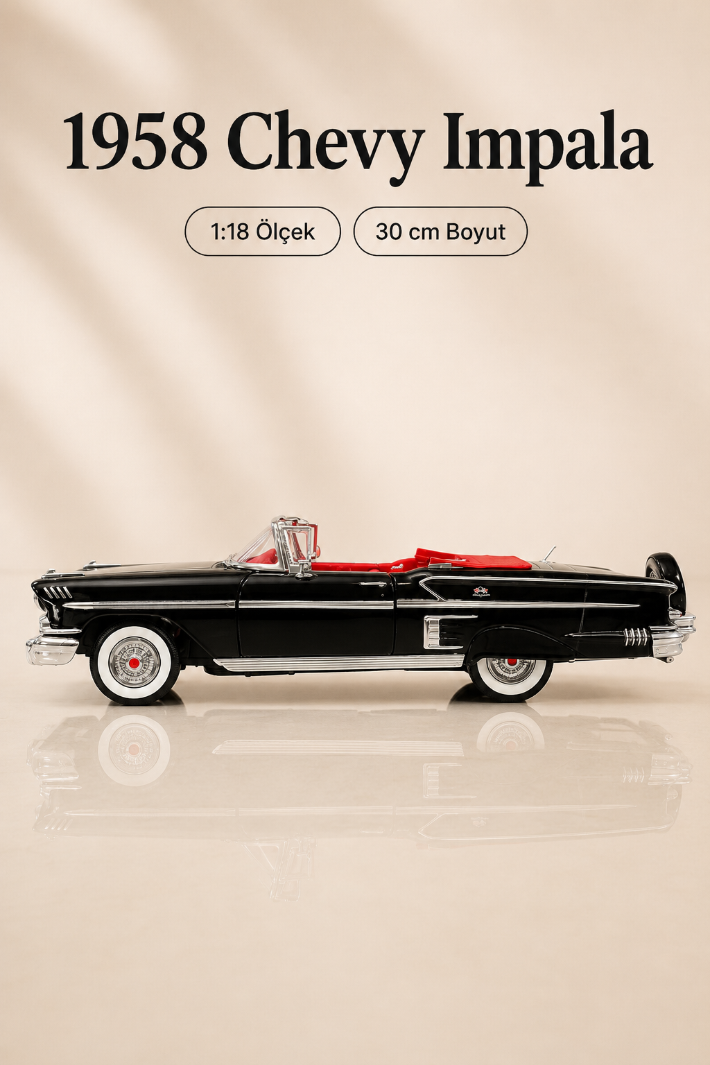 1958 Chevrolet Impala Siyah Cabrio 1:18 Ölçek 30 cm Model Araba