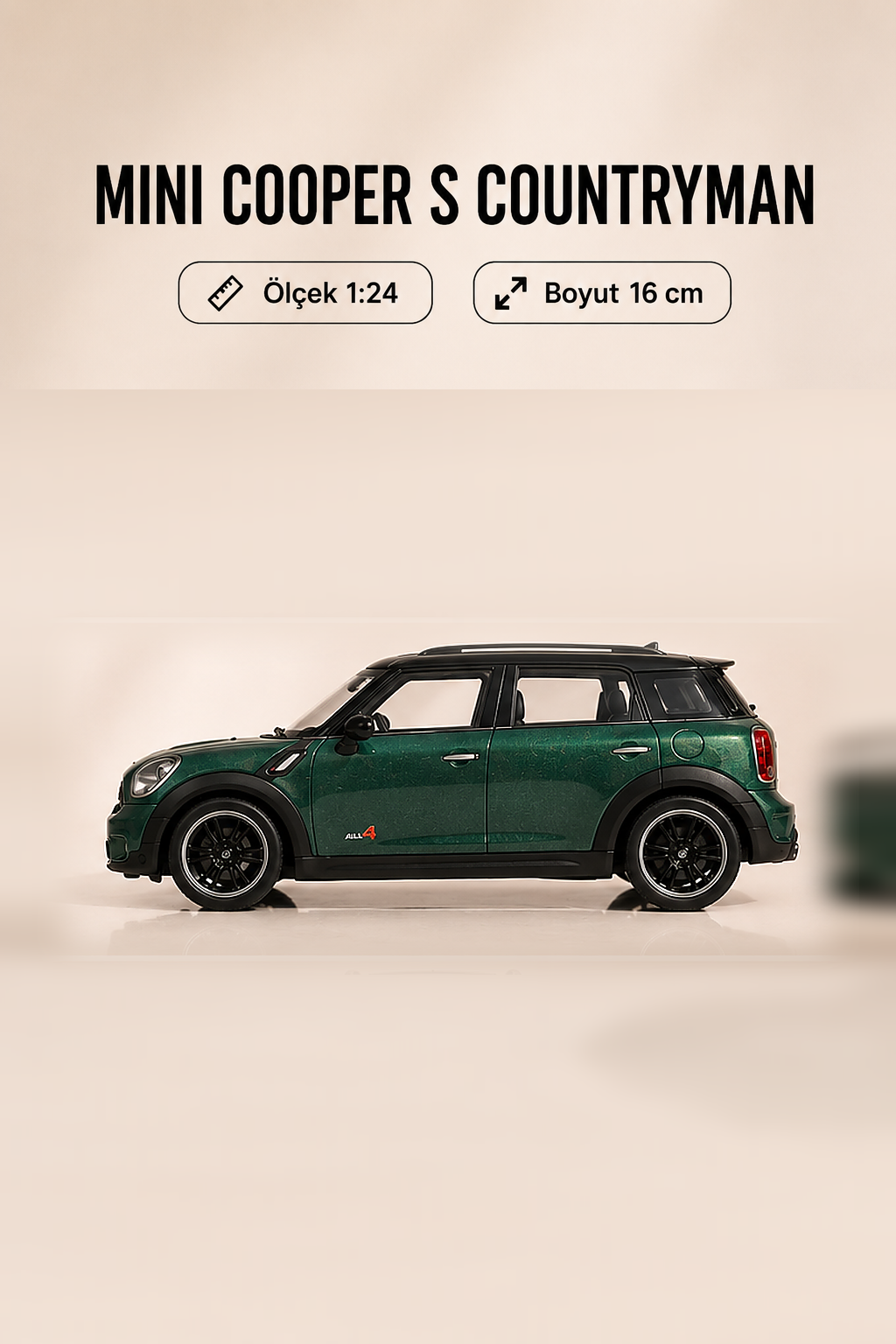 Mini Cooper S Countryman Metalik Yeşil 1:24 Ölçek 16 cm Metal Model Araba