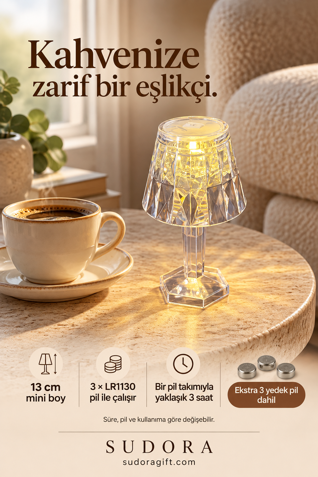 Mini LED Masa Lambası Kristal Görünümlü Pilli Dekoratif Abajur 13 cm + 3 Yedek Pil