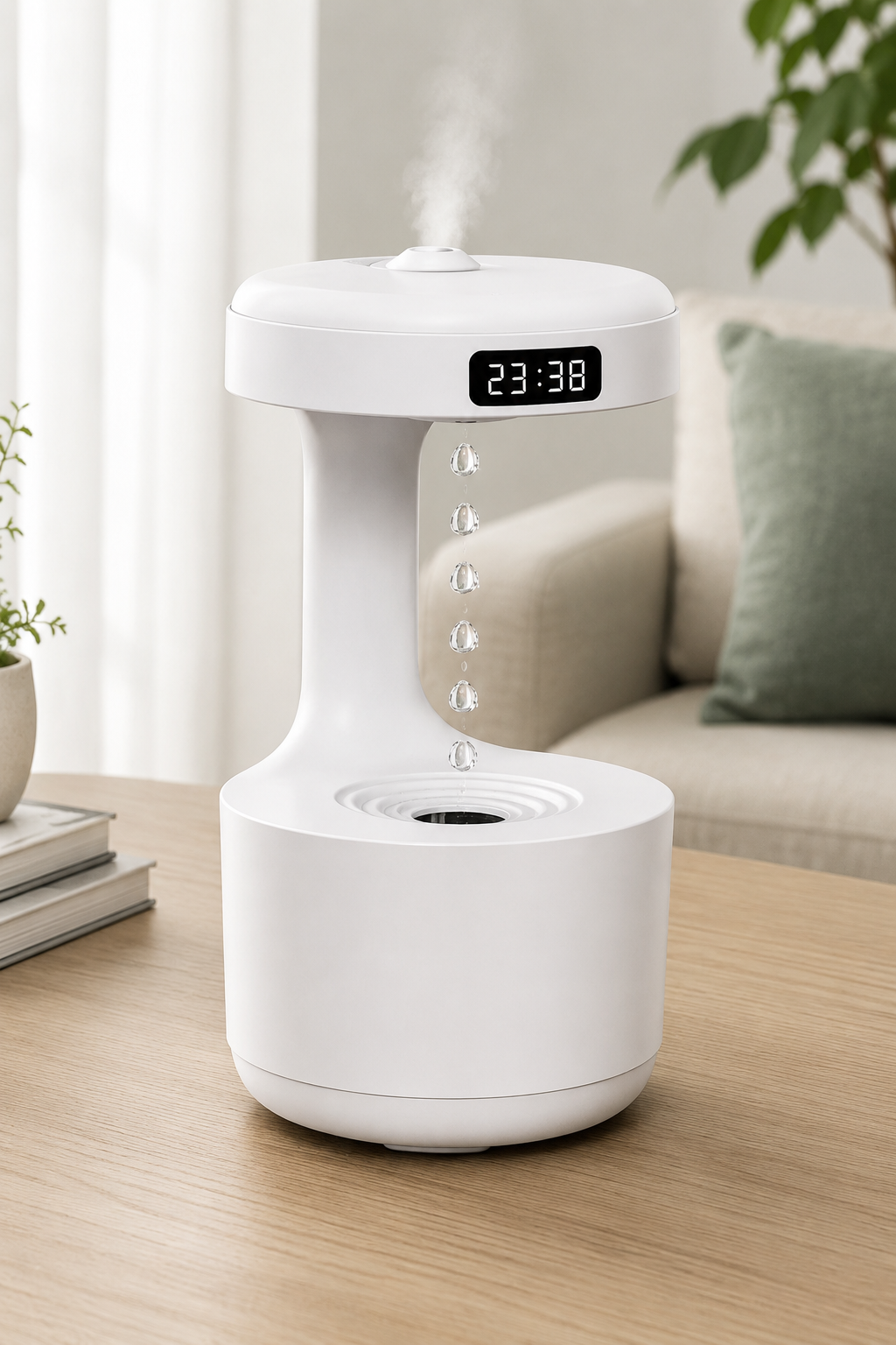 Dijital Saatli Anti-Gravity Hava Nemlendirici 600 ml – Işıklı Su Damlası Efektli Mini Humidifier