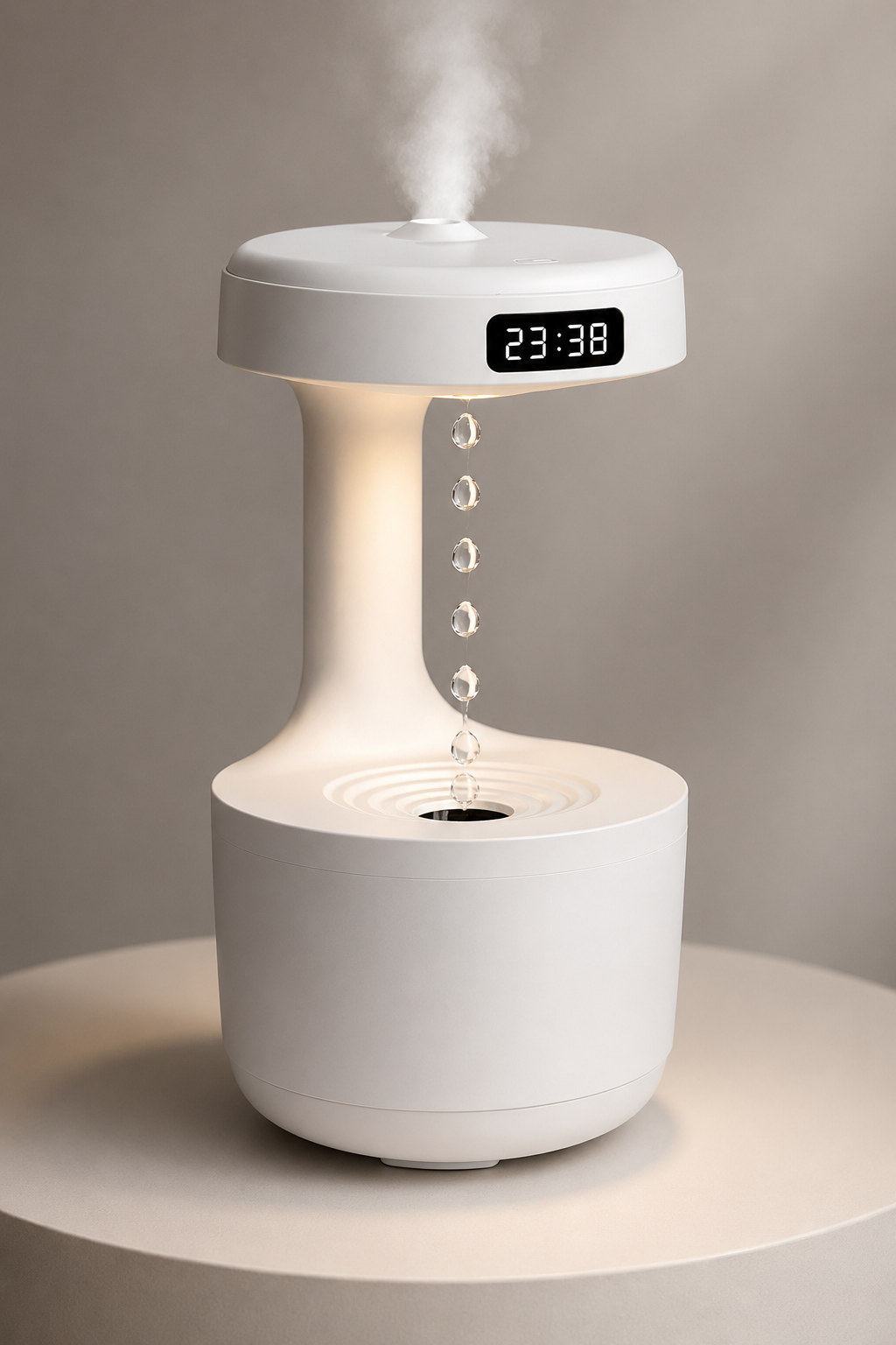 Dijital Saatli Anti-Gravity Hava Nemlendirici 600 ml – Işıklı Su Damlası Efektli Mini Humidifier