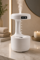 Dijital Saatli Anti-Gravity Hava Nemlendirici 600 ml – Işıklı Su Damlası Efektli Mini Humidifier