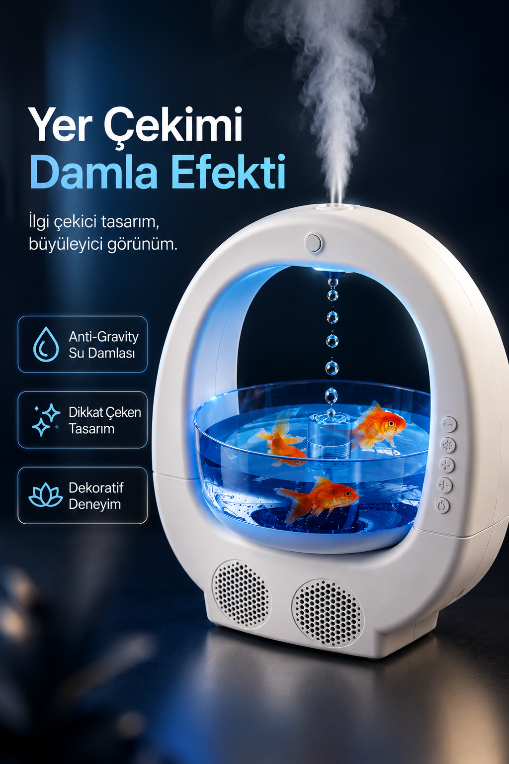 Akvaryumlu Bluetooth Hoparlörlü Hava Nemlendirici – Anti-Gravity Damla Efektli RGB Işıklı Mini Humidifier Y11