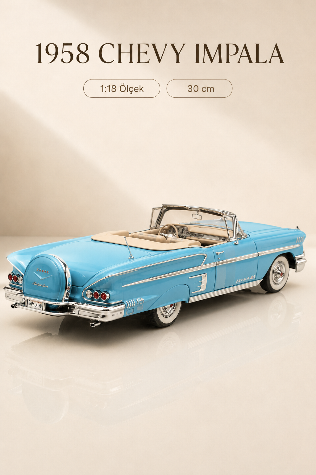 1958 Chevrolet Impala Mavi Cabrio 1:18 Ölçek 30 cm Model Araba
