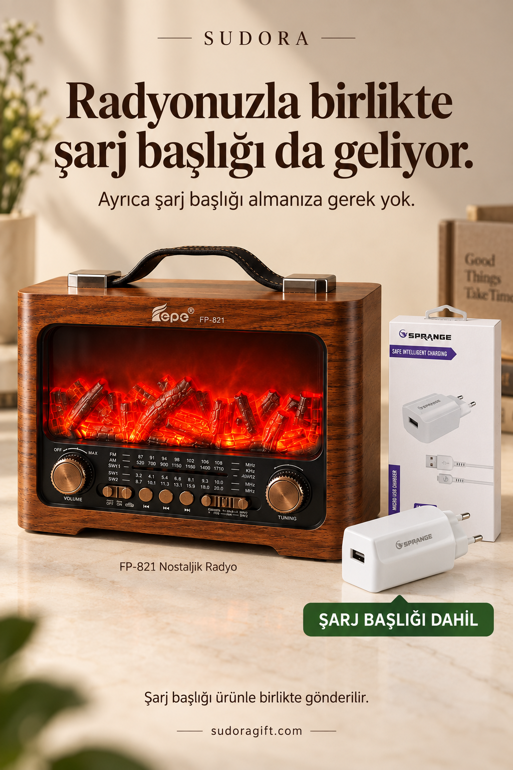 FP-821 Şömine Görünümlü FM Radyo & Bluetooth Hoparlör