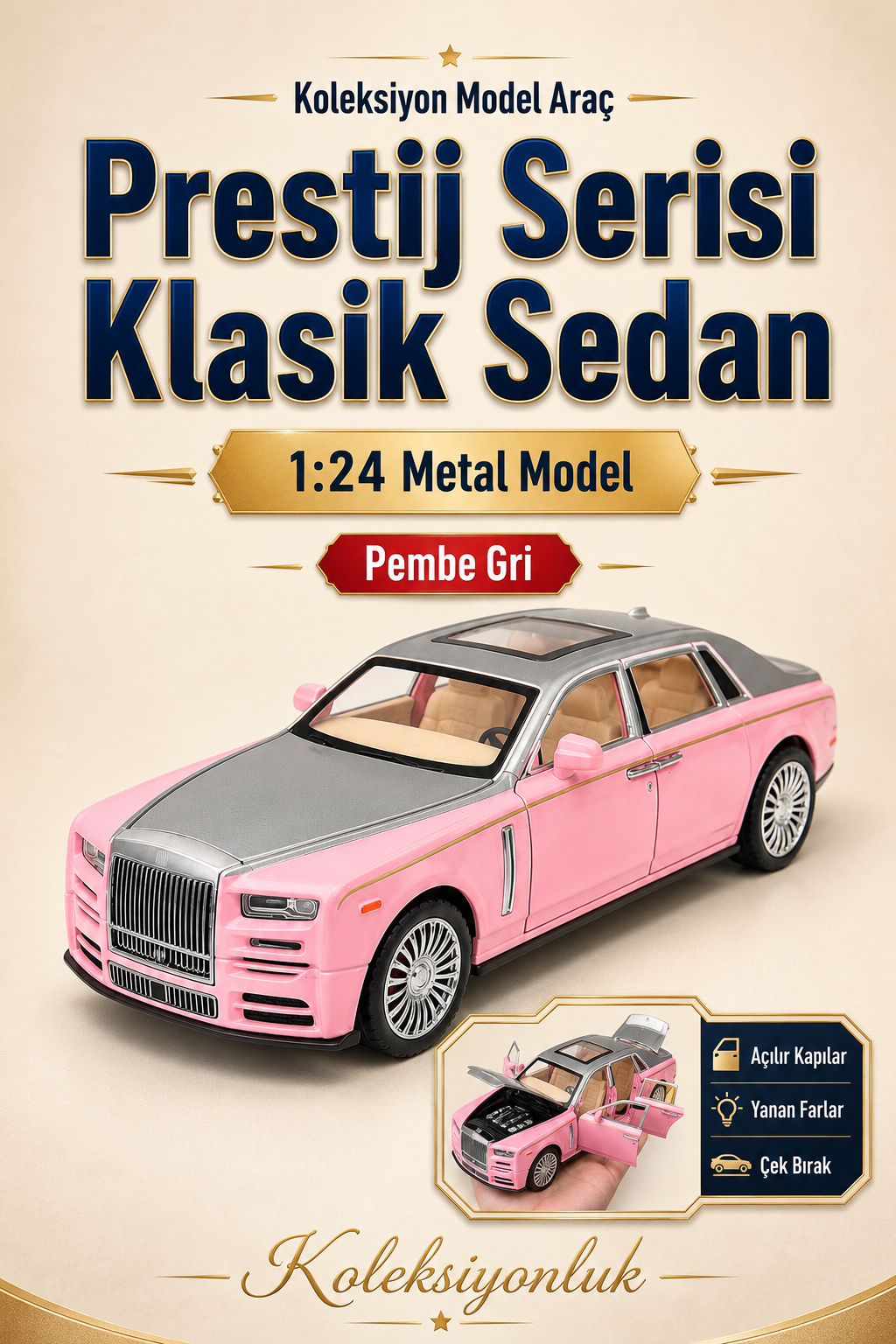 Prestij Serisi - Klasik Sedan 1:24 Metal Işıklı Çek-Bırak Araba