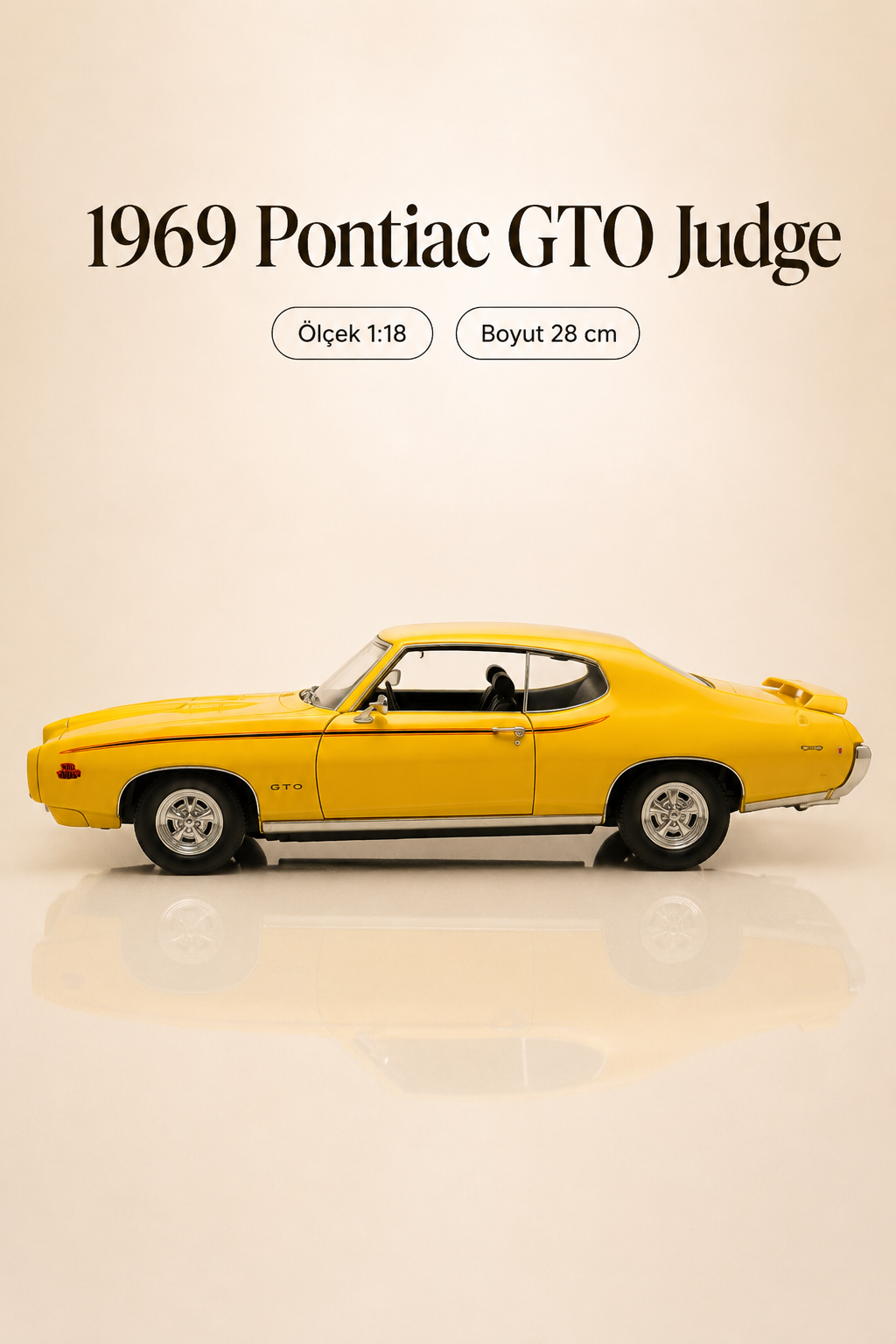 1969 Pontiac GTO Judge Sarı 1:18 Ölçek 28 cm Koleksiyonluk Model Araba