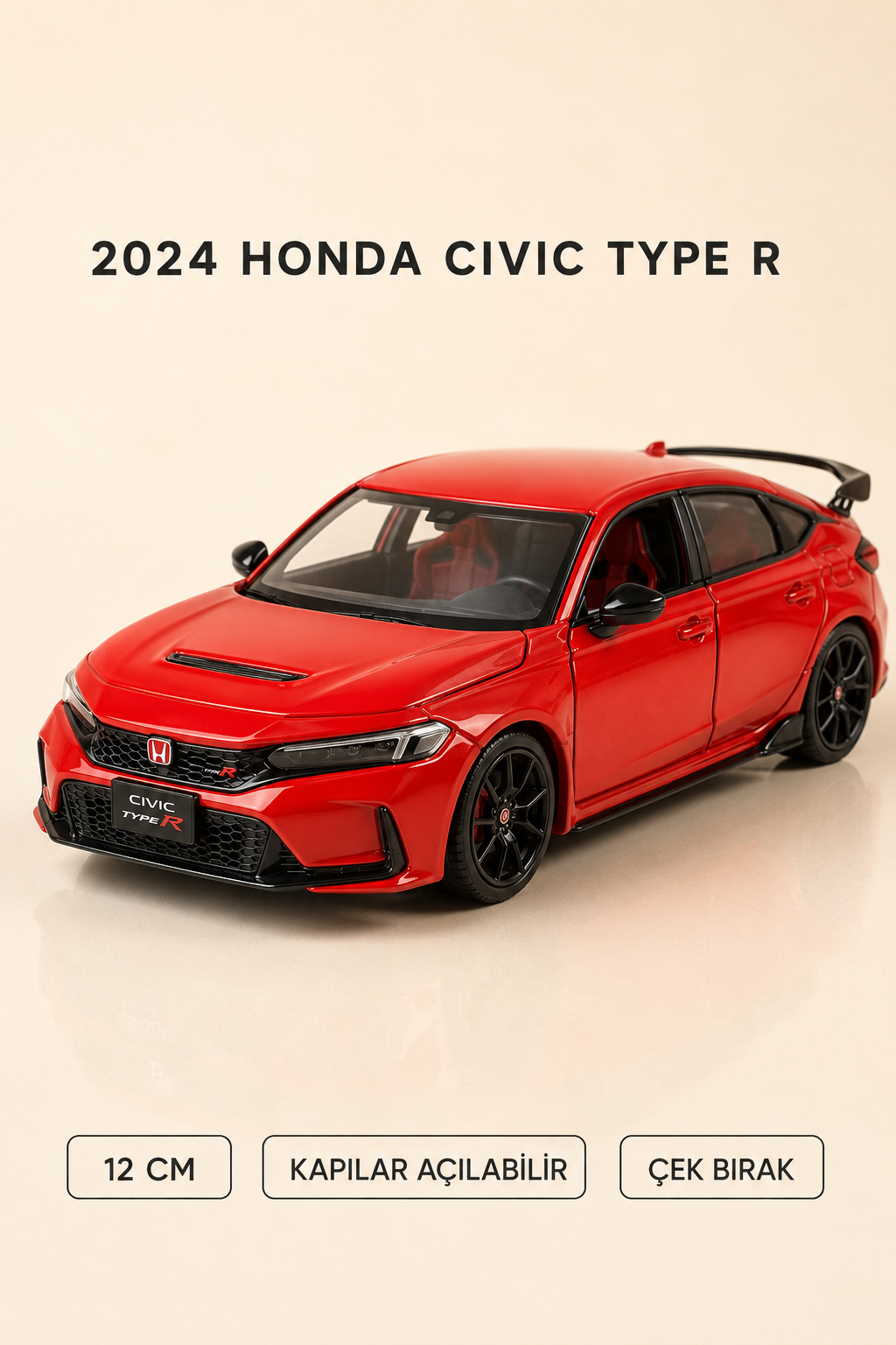 2024 Honda Civic Type R Metal Çek Bırak Araç 12 cm - 4 Renk Seçeneği