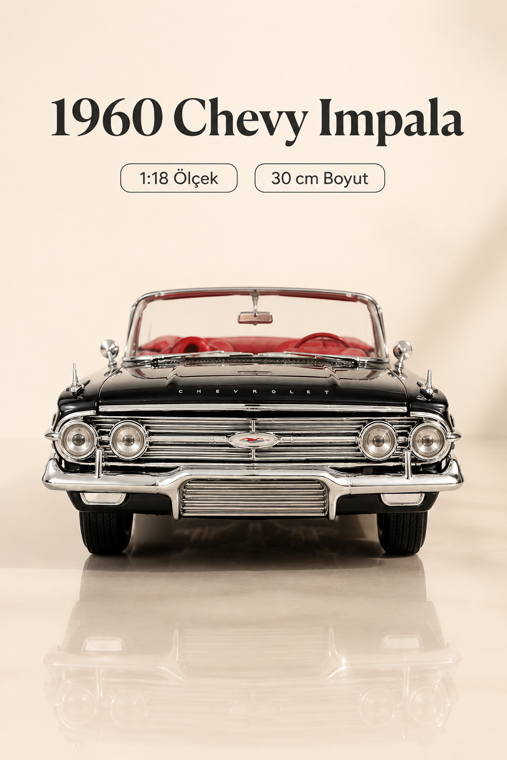 1960 Chevrolet Impala Siyah Cabrio 1:18 Ölçek 30 cm Model Araba