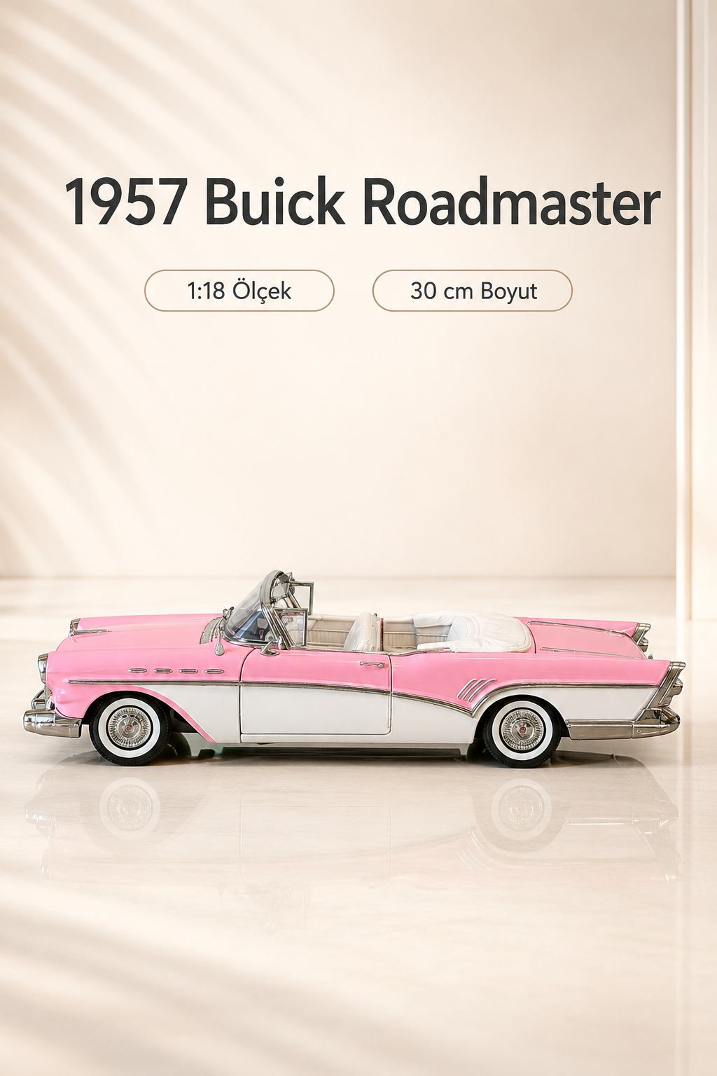 1957 Buick Roadmaster Pembe Beyaz Cabrio 1:18 Ölçek 30 cm Model Araba
