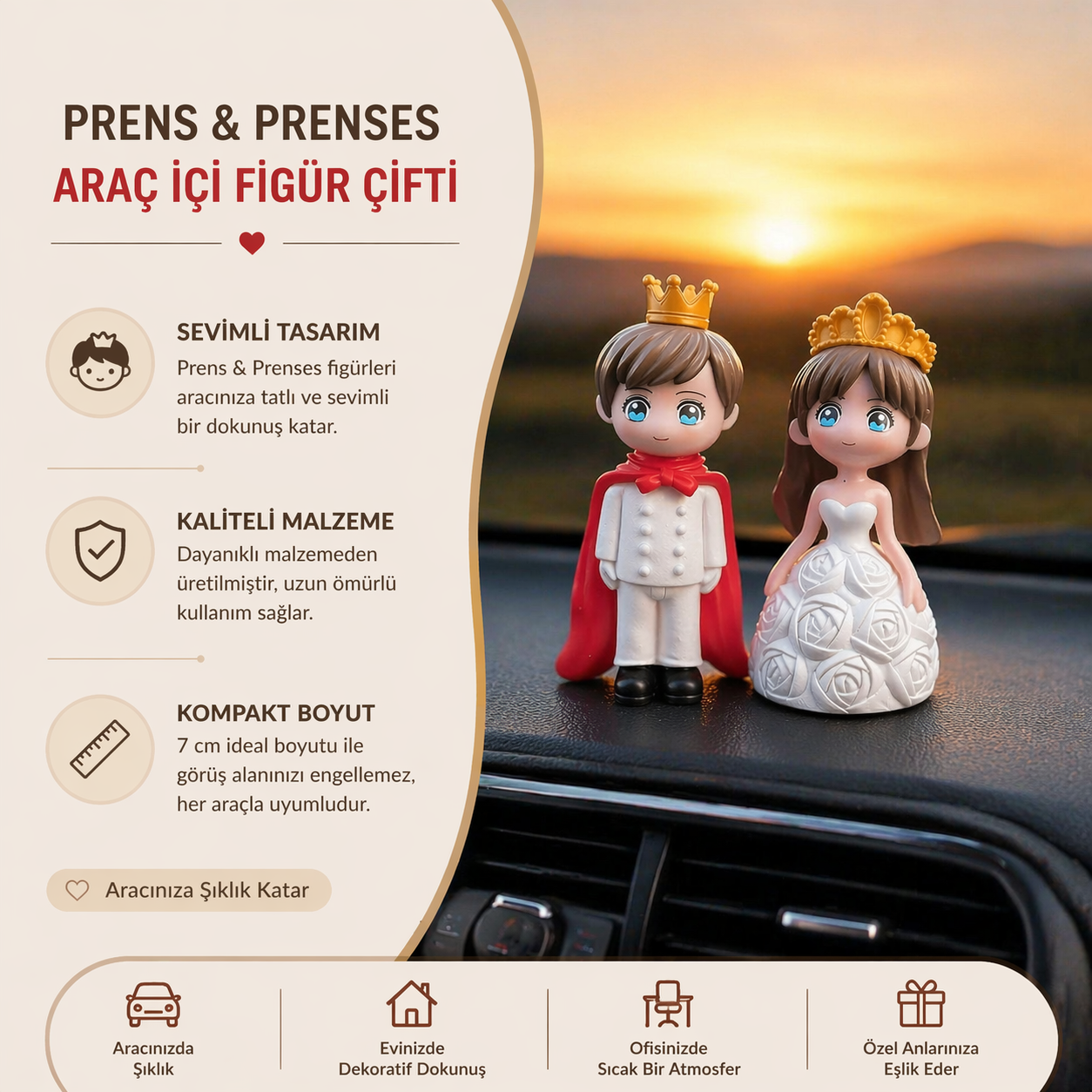 Sevgiliye Hediye Araç İçi Aksesuarı Prens ve Prenses Biblo - 7 cm