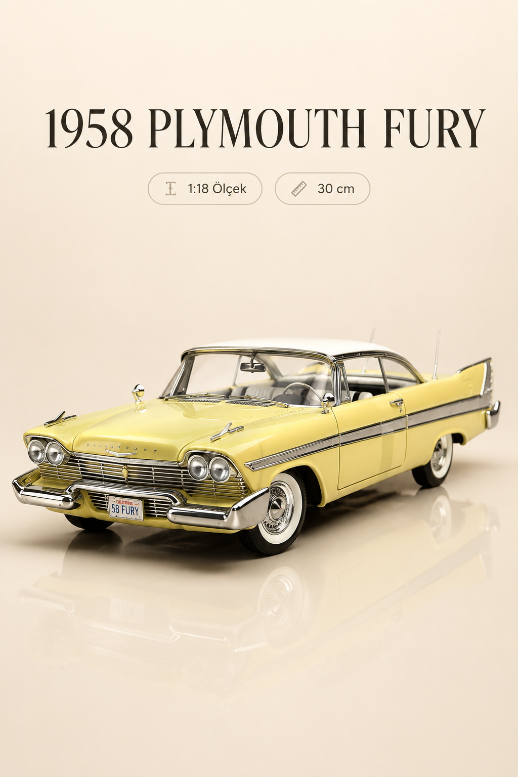 1958 Plymouth Fury Sarı Beyaz 1:18 Ölçek 30 cm Koleksiyonluk Model Araba