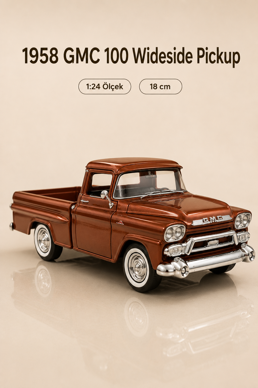 1958 GMC 100 Wideside Pickup Bakır Kahverengi 1:24 Ölçek 18 cm Model Araba