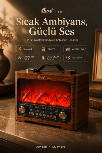 FP-821 Şömine Görünümlü FM Radyo & Bluetooth Hoparlör