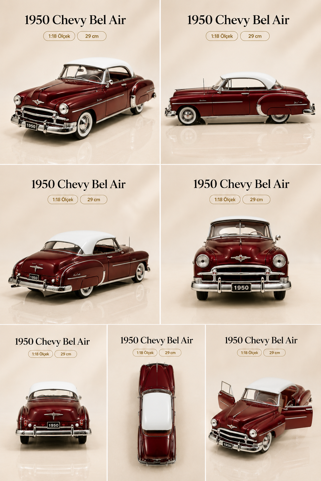 1950 Chevy Bel Air Bordo 1:18 Ölçek Diecast Model Araba – 29 cm Koleksiyonluk Klasik Amerikan Aracı