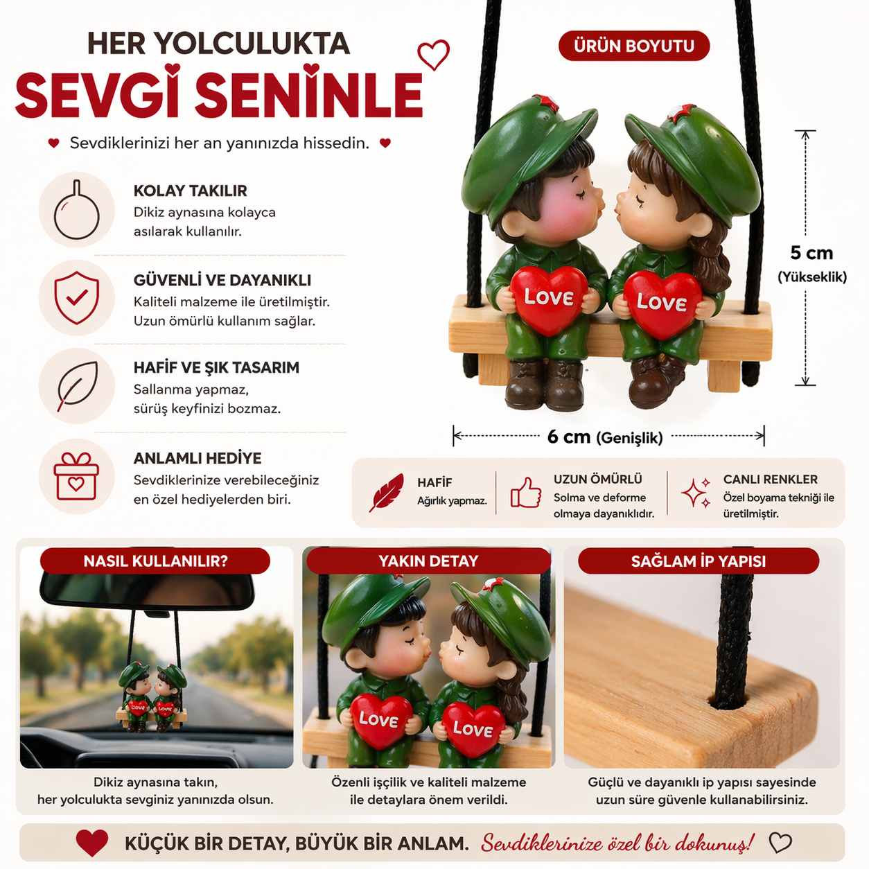 Romantik Çift Araba Aksesuarı – I Love You Yazılı Dekoratif Figür - 5 cm