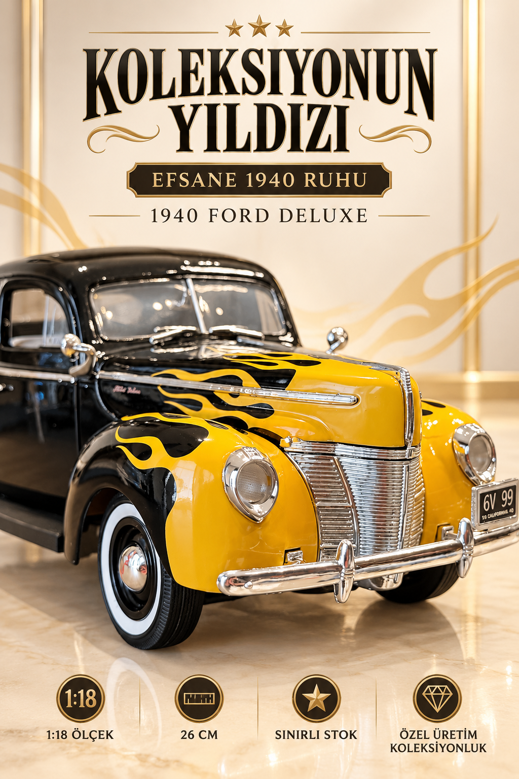 1940 Ford Deluxe Alev Desenli 1:18 Özel Üretim Model Araba | 26 cm