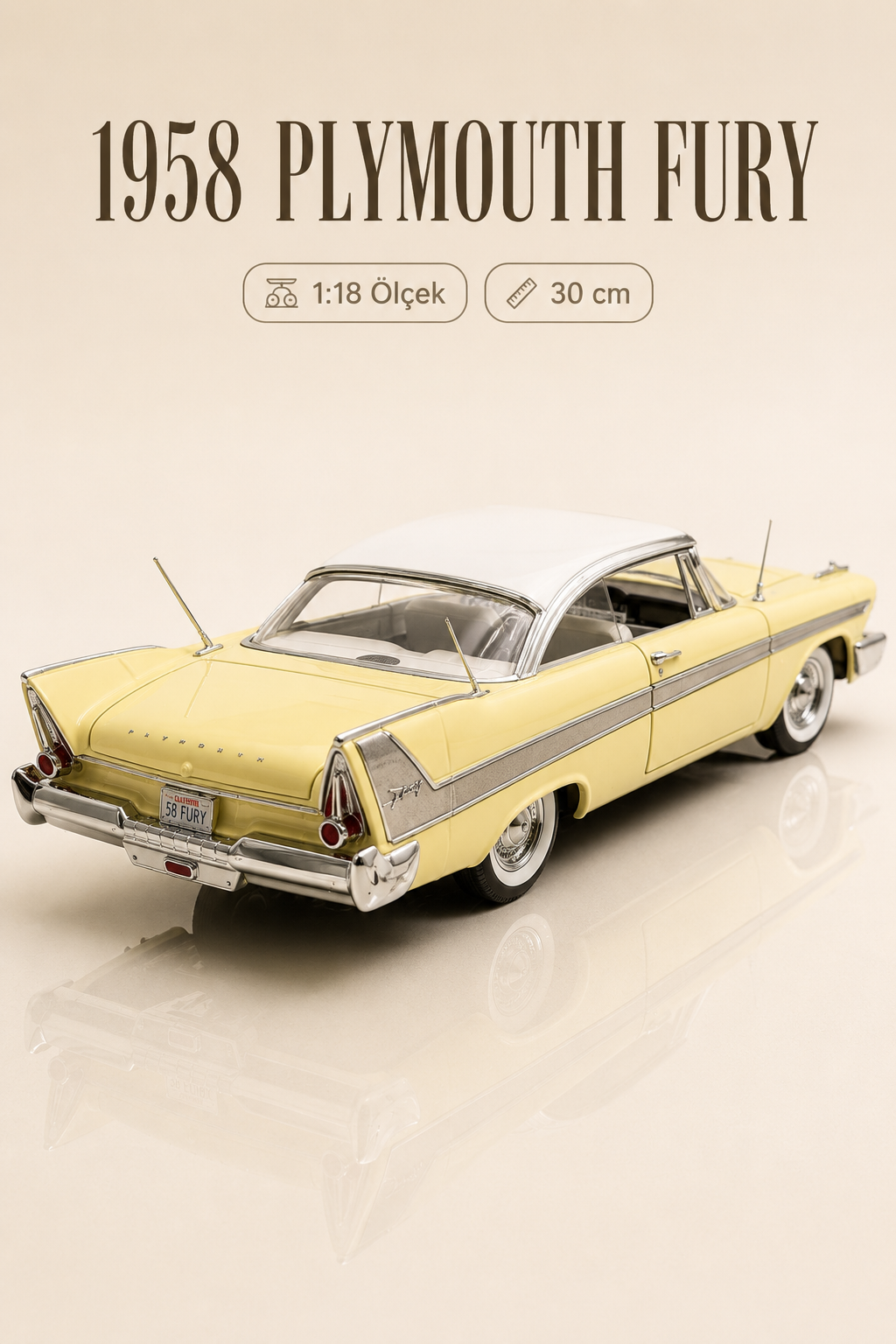 1958 Plymouth Fury Sarı Beyaz 1:18 Ölçek 30 cm Koleksiyonluk Model Araba