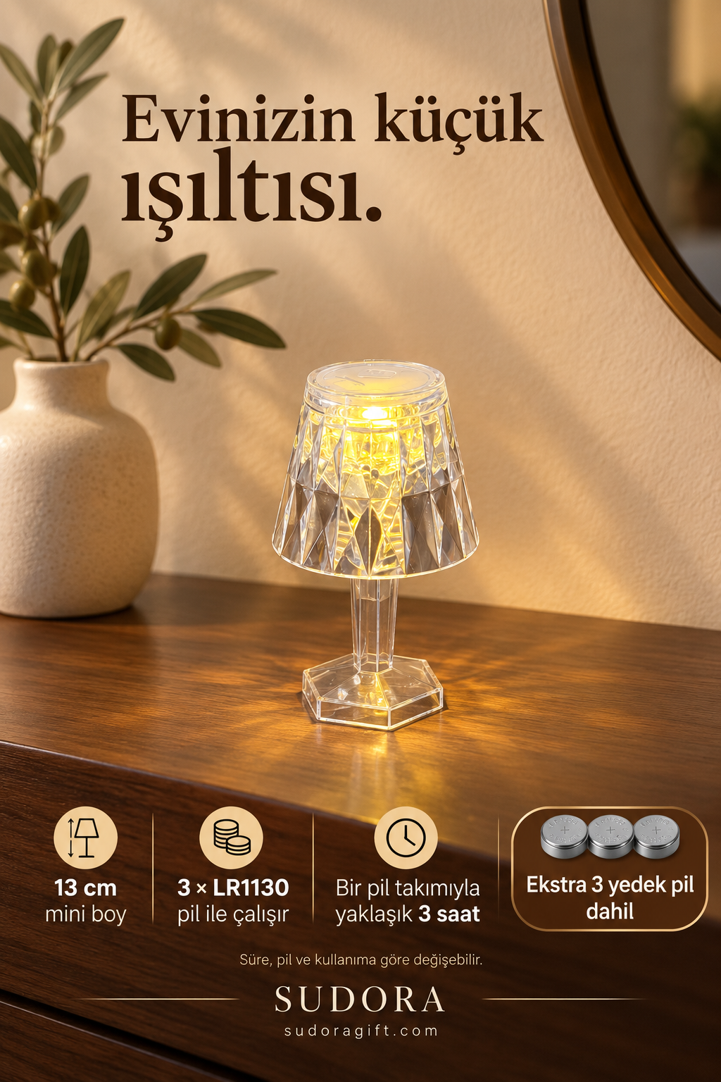 Mini LED Masa Lambası Kristal Görünümlü Pilli Dekoratif Abajur 13 cm + 3 Yedek Pil