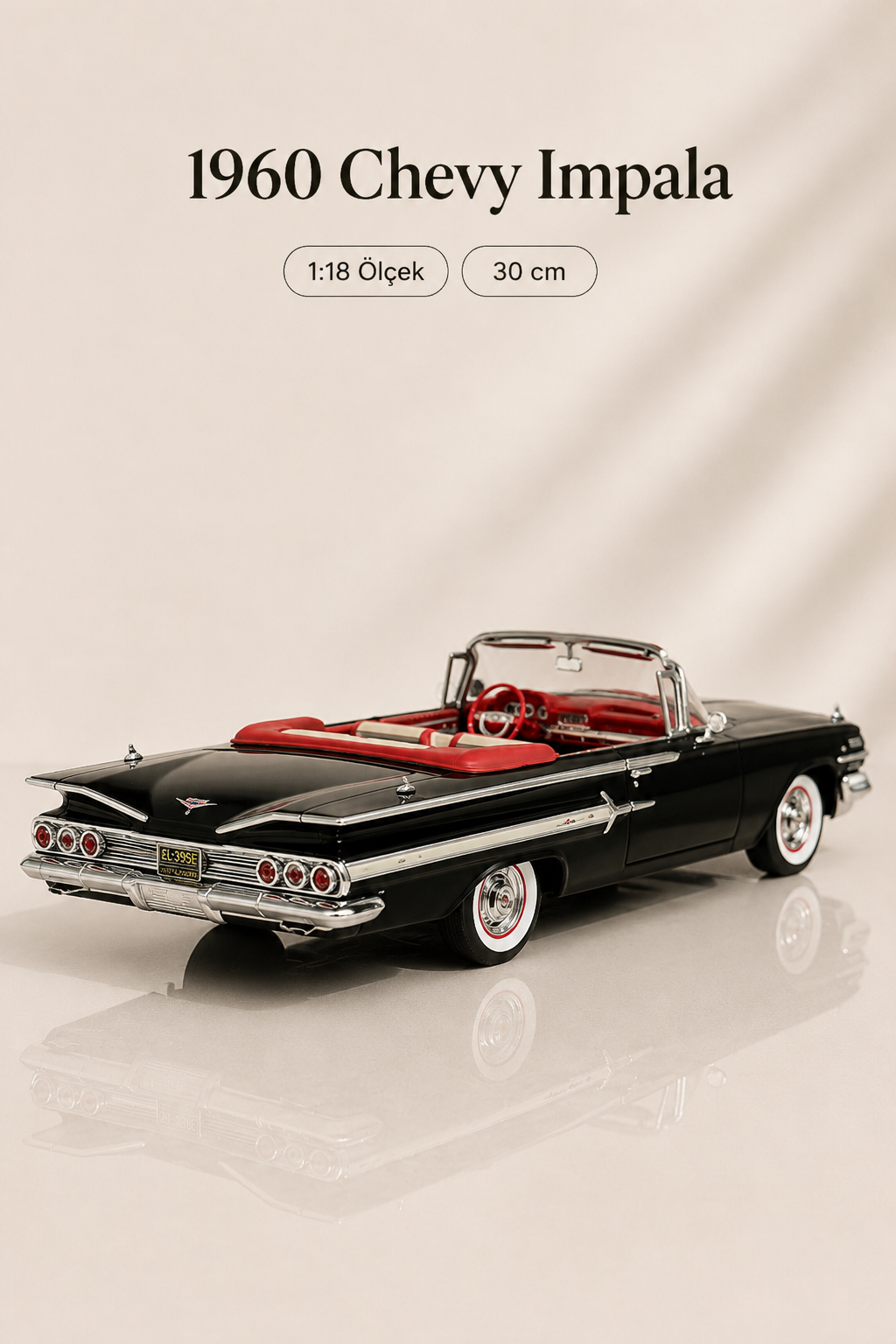 1960 Chevrolet Impala Siyah Cabrio 1:18 Ölçek 30 cm Model Araba