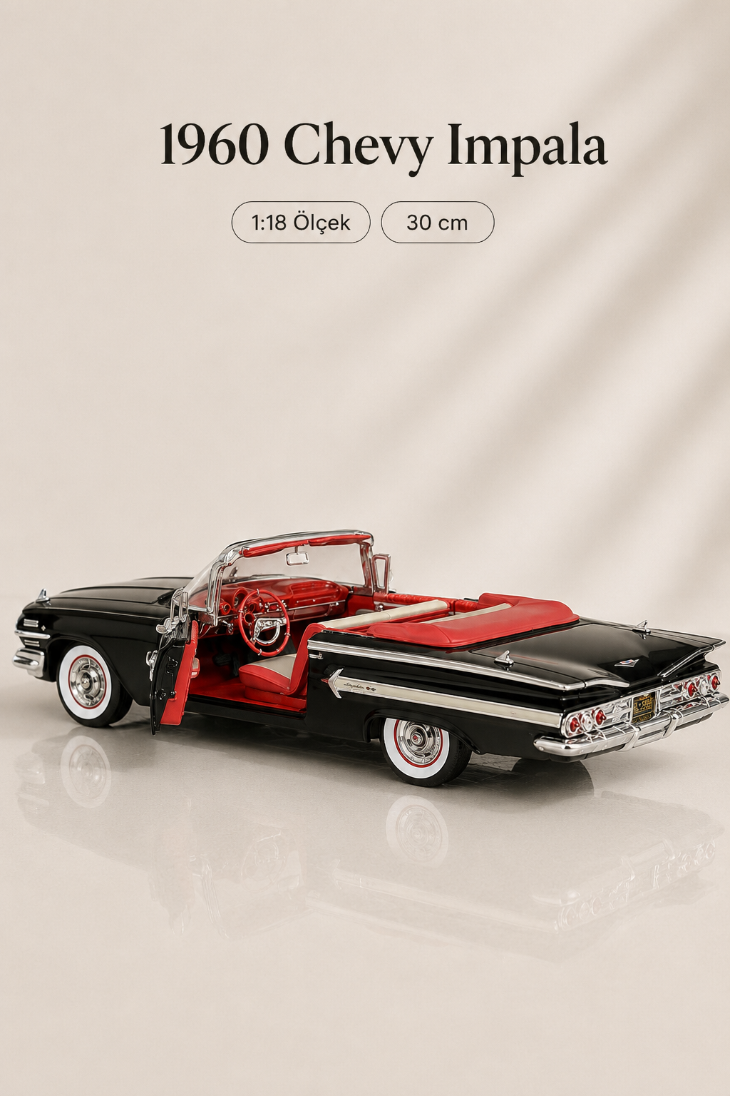 1960 Chevrolet Impala Siyah Cabrio 1:18 Ölçek 30 cm Model Araba