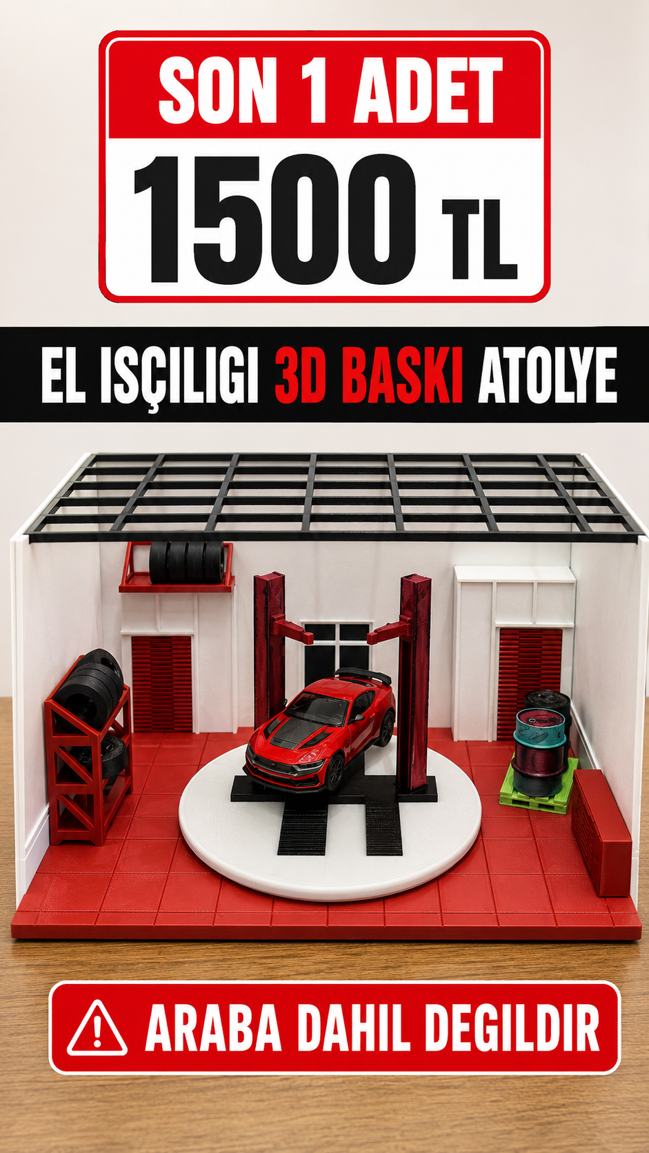 El İşçiliği 3D Baskı Mini Araba Atölyesi Diorama Standı 24x18x16 cm