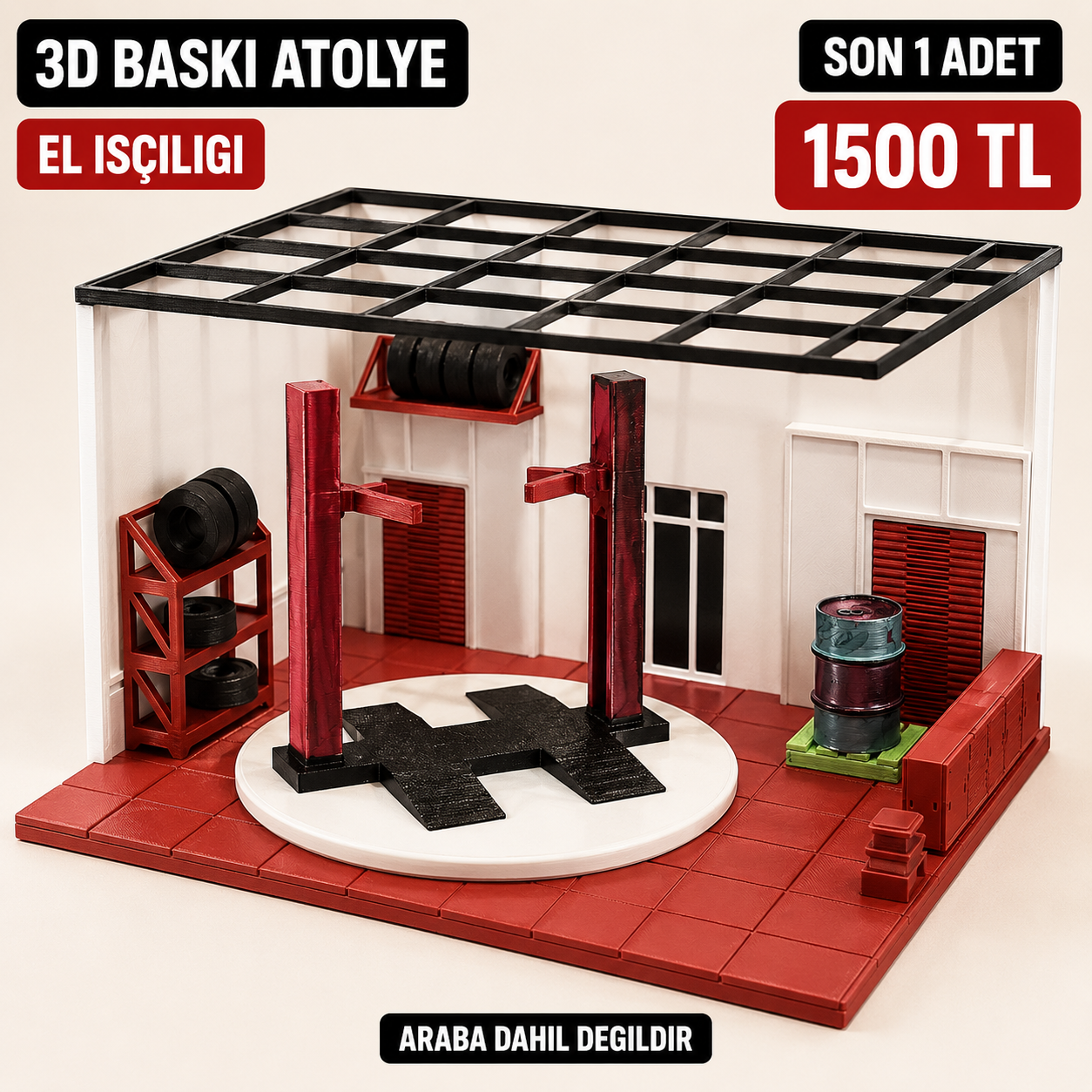 El İşçiliği 3D Baskı Mini Araba Atölyesi Diorama Standı 24x18x16 cm