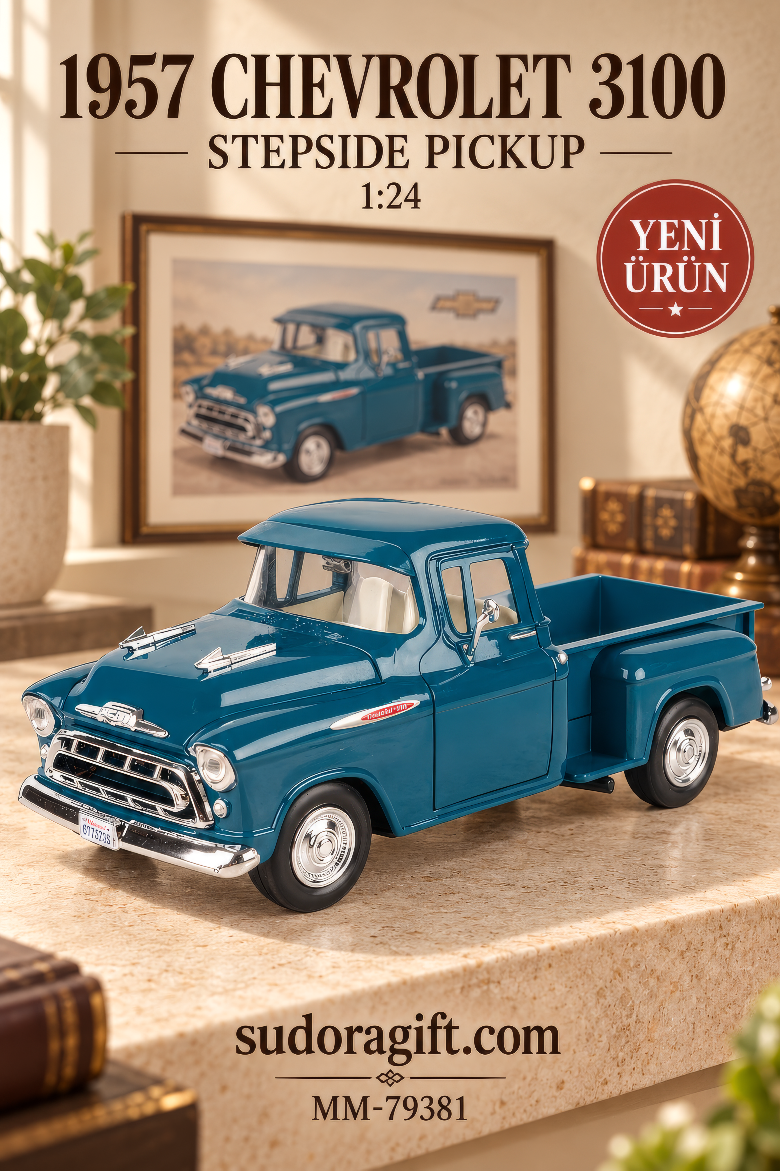 Motormax 1957 Chevrolet 3100 Stepside Pickup 1:24 Metal Model Araba – MM-79381 – Detay