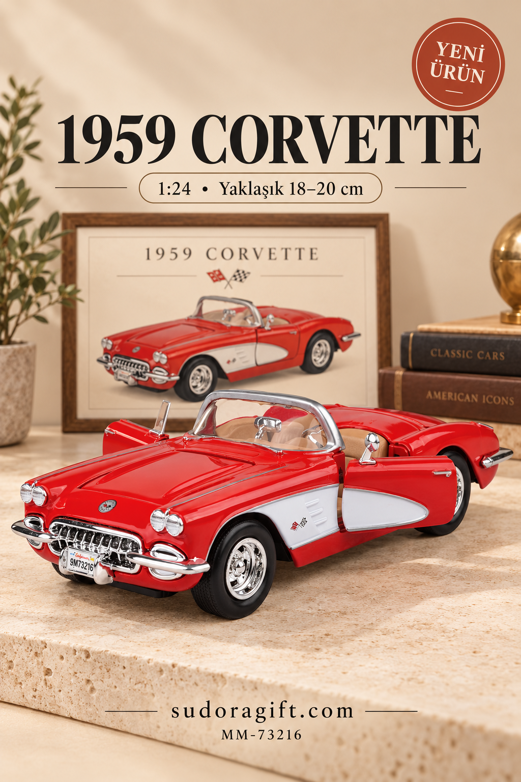 Motormax 1959 Chevrolet Corvette 1:24 Metal Model Araba – MM-73216 – Kapıları açık