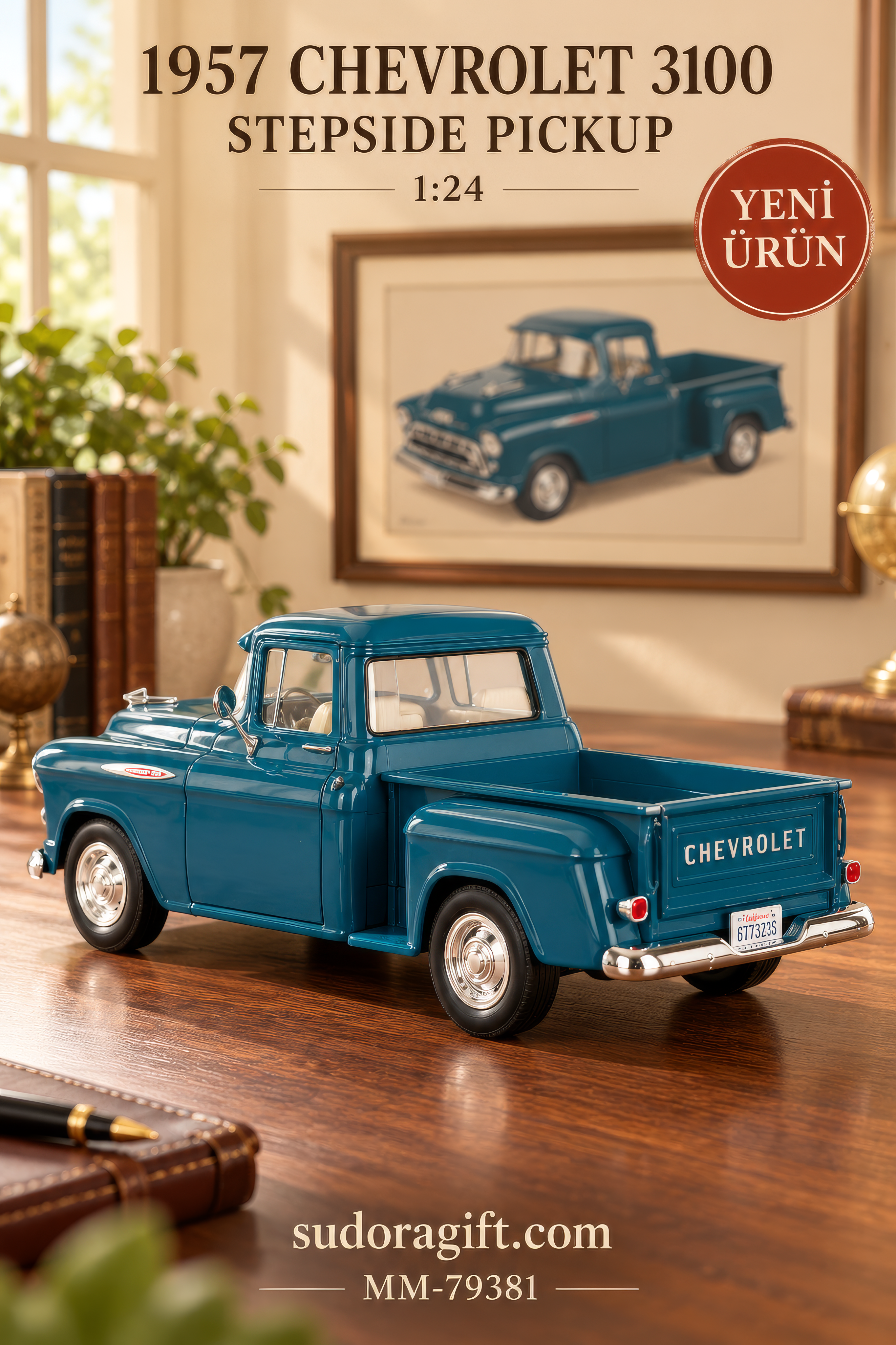 Motormax 1957 Chevrolet 3100 Stepside Pickup 1:24 Metal Model Araba – MM-79381 – Arka Gorunum