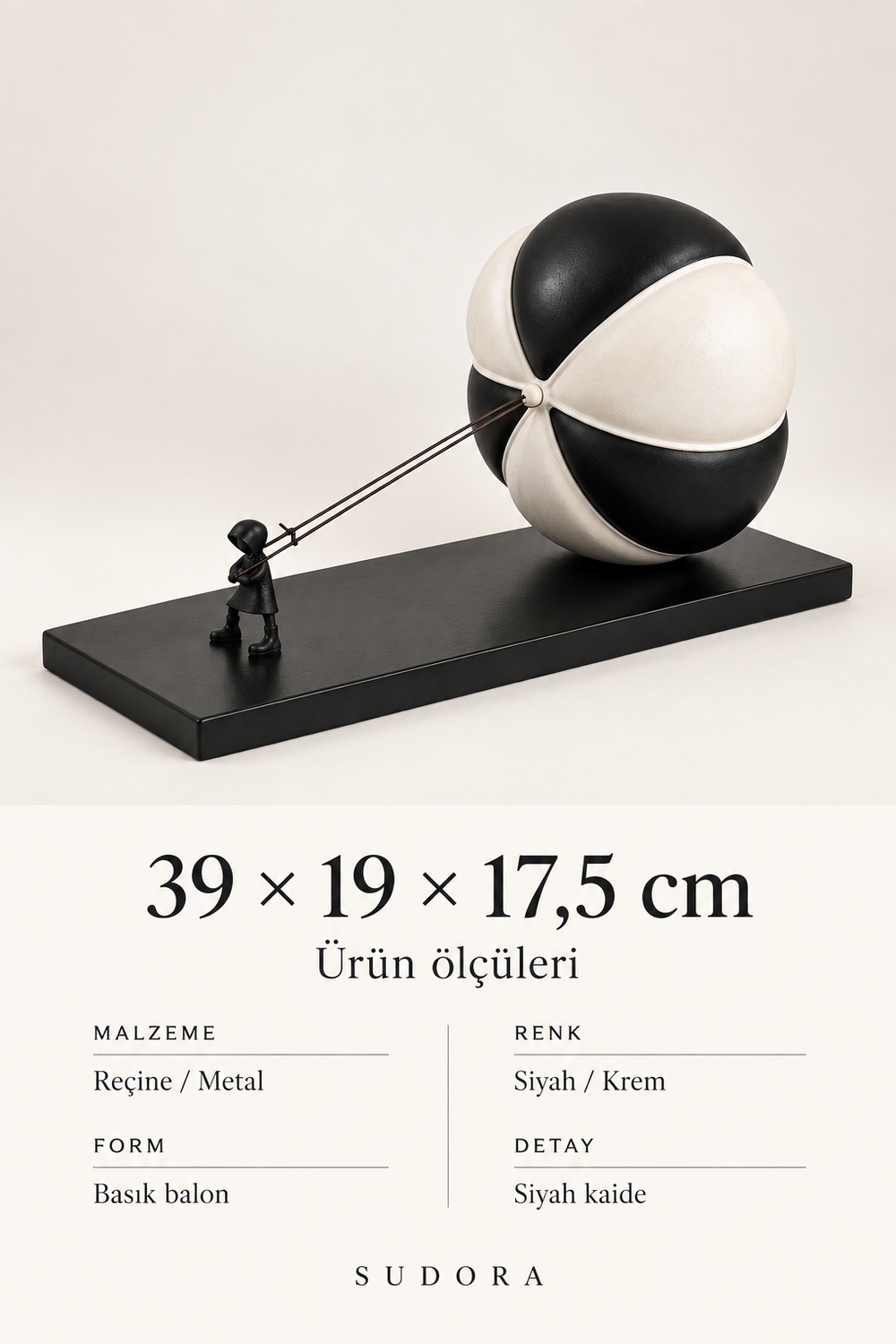 SUDORA Balon tutan figür - Siyah / Krem - Ölçü ve bilgi