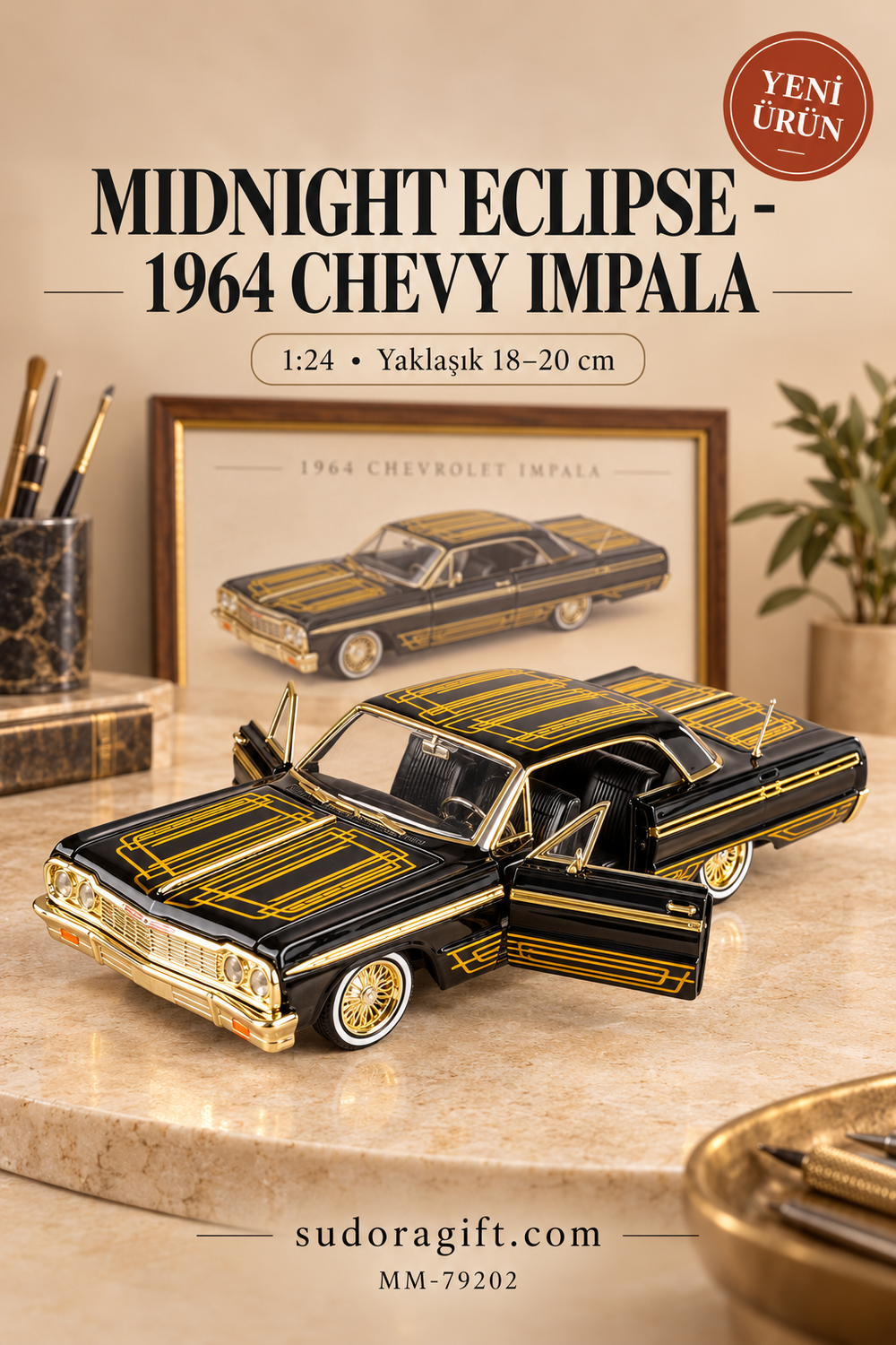 Motormax Midnight Eclipse 1964 Chevrolet Impala 1:24 Metal Model Araba – MM-79202 – Kapıları açık