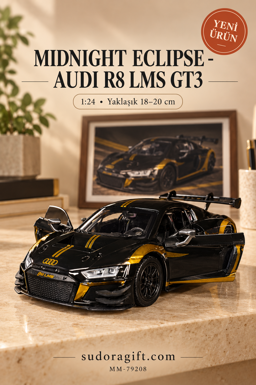 Motormax Midnight Eclipse Audi R8 LMS GT3 1:24 Metal Model Araba – MM-79208 – Kapıları açık