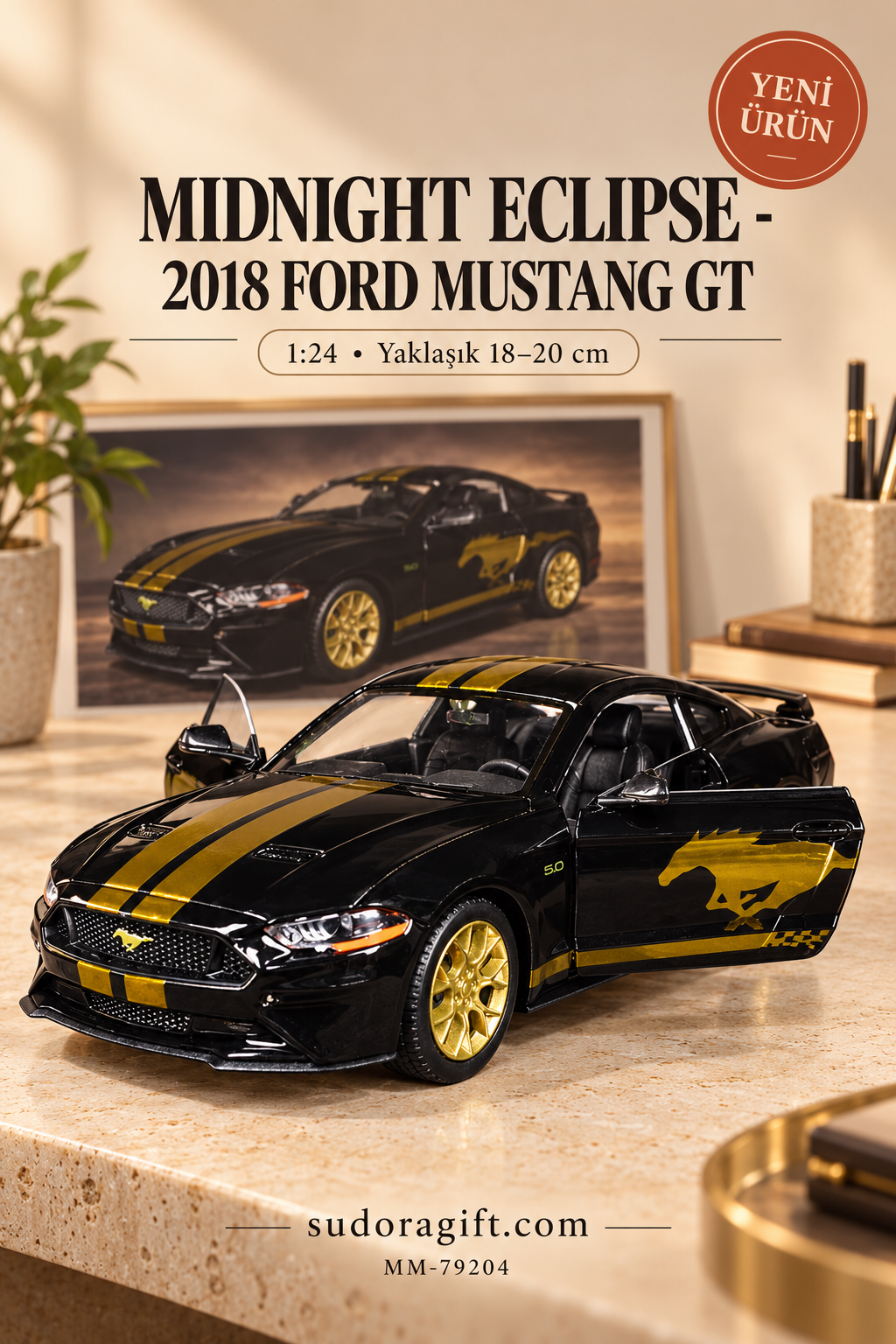 Motormax Midnight Eclipse 2018 Ford Mustang GT 1:24 Metal Model Araba – MM-79204 – Kapıları açık