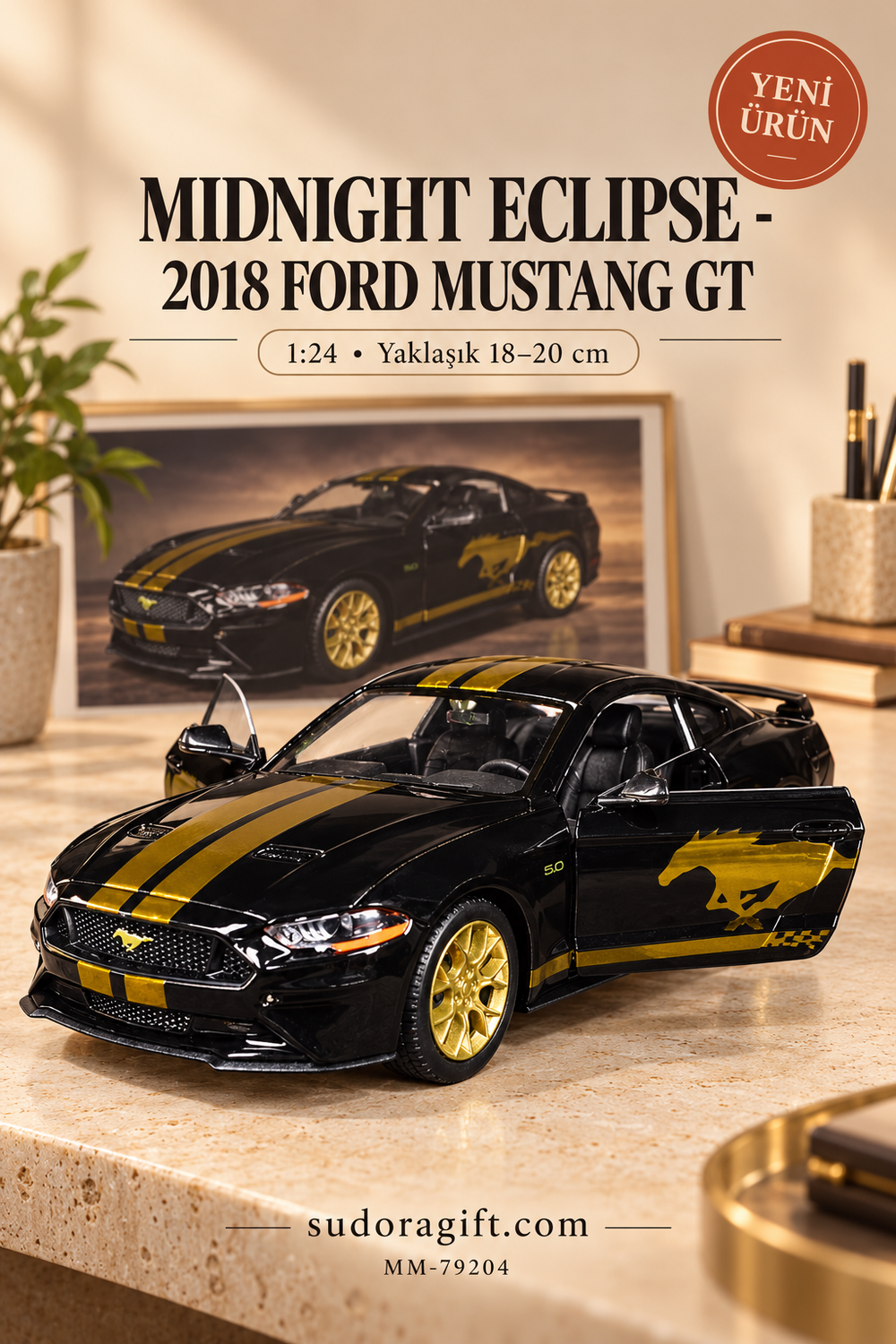 Motormax Midnight Eclipse 2018 Ford Mustang GT 1:24 Metal Model Araba – MM-79204 – Kapıları açık