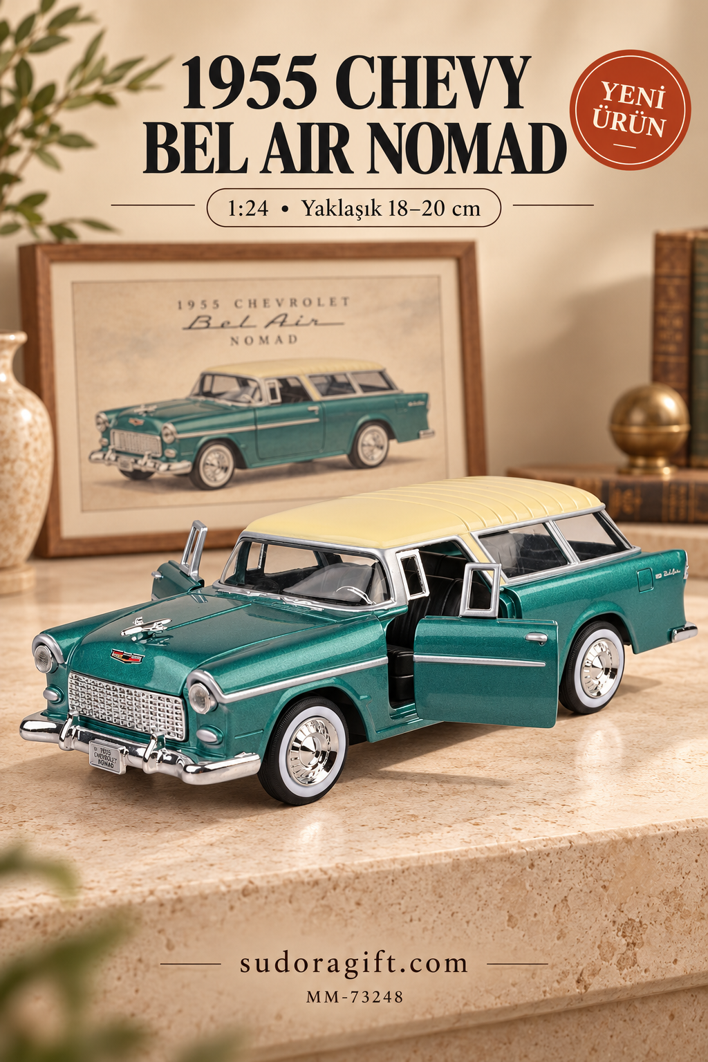 Motormax 1955 Chevrolet Bel Air Nomad 1:24 Metal Model Araba – MM-73248 – Kapıları açık